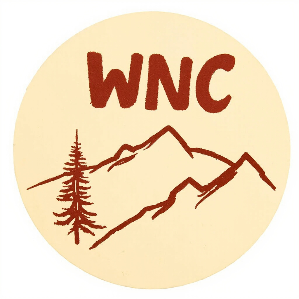 WNC — circular souvenir magnet with mountain silhouettes and a pine tree, brick red ink doodle on cream